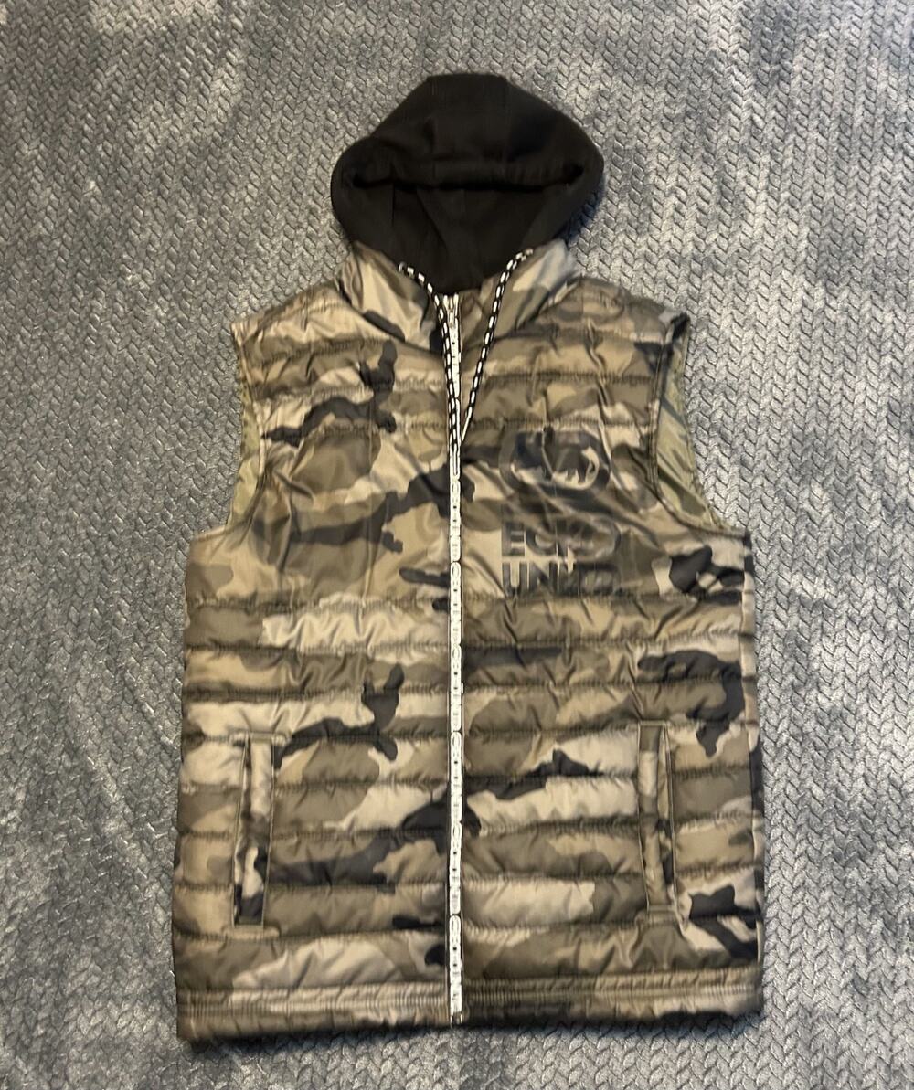 Ecko Unltd. Puffer Vest Mens Medium Green Camouflage Hooded Full Zip Softshell